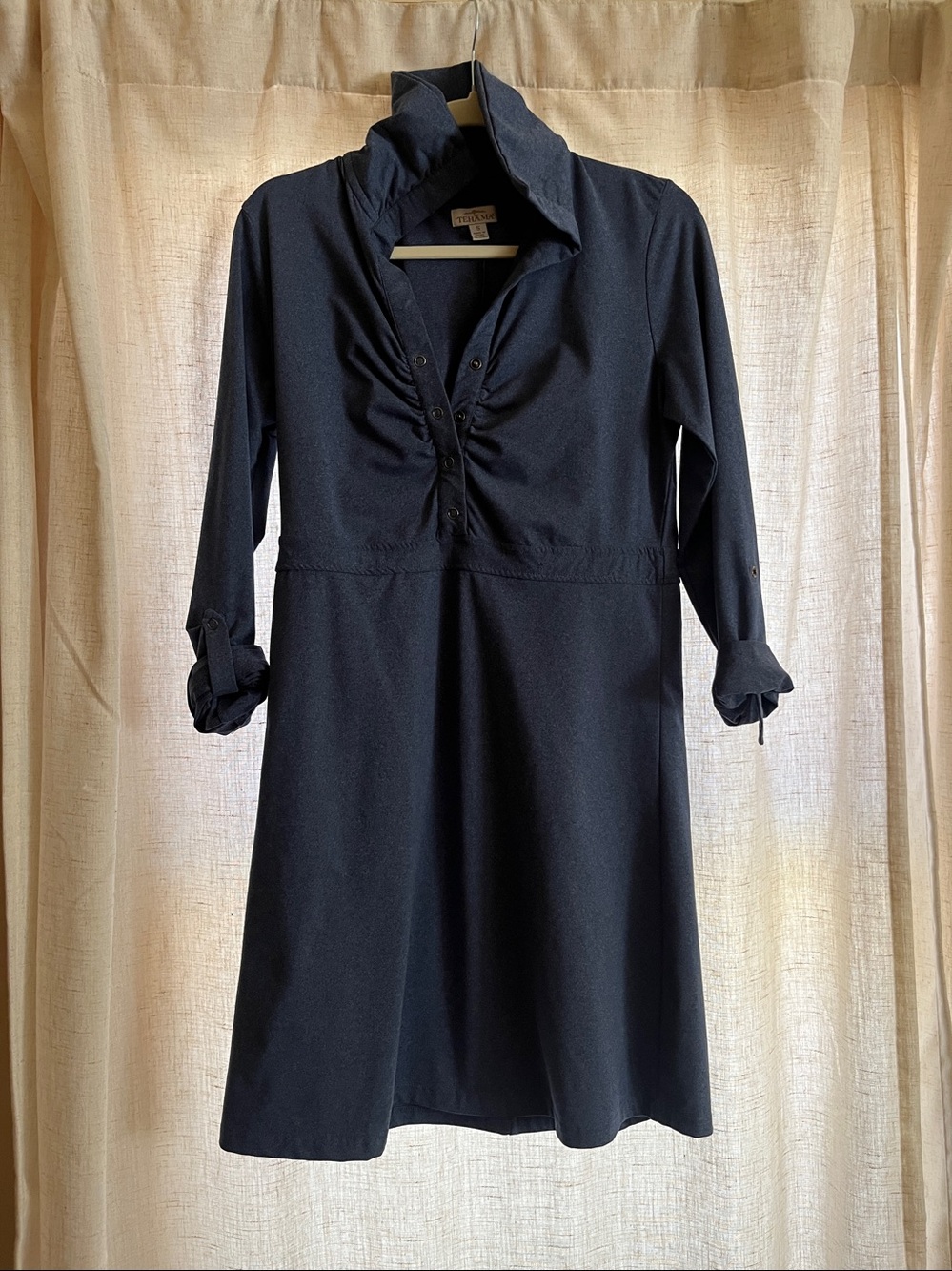 TEHAMA Navy Long-Sleeve Shirt Dress with Ruched Front